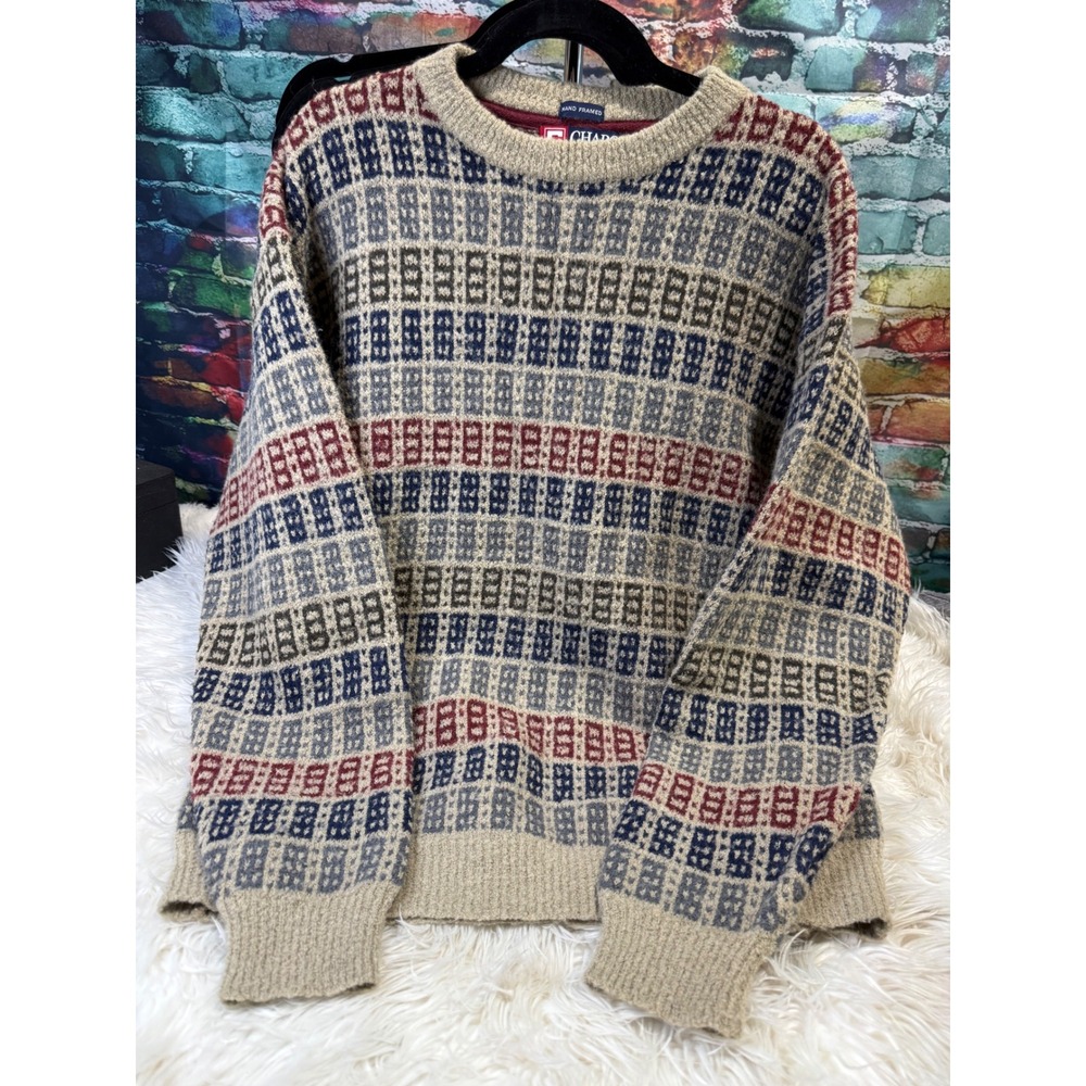 Chaps Ralph Lauren Mens XL Hand Framed Crewneck Sweater Beige Geometric Knit
